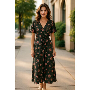 LAUREN by Ralph Lauren Women’s Dress Size 16 Black Pink Floral Wrap Midi